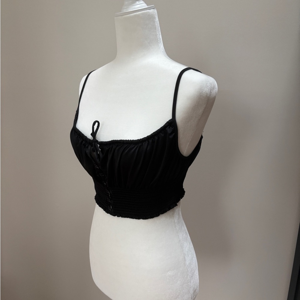 Black Sleeveless Women’s Satin Crop Top with Spaghetti Straps